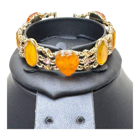 Vintage Gold Leaf Amber Lucite Gemstone Artisan Bracelet Carved Intricate Design - Picture 2 of 8